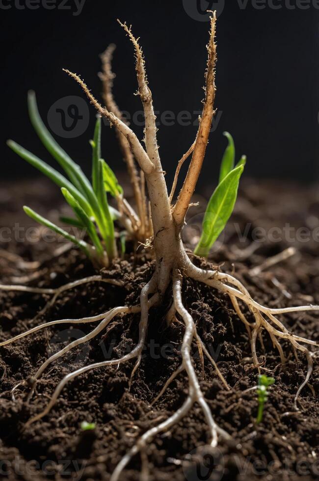 Close-up of plant roots and shoots emerging from soil, illustrating growth and nature. photo