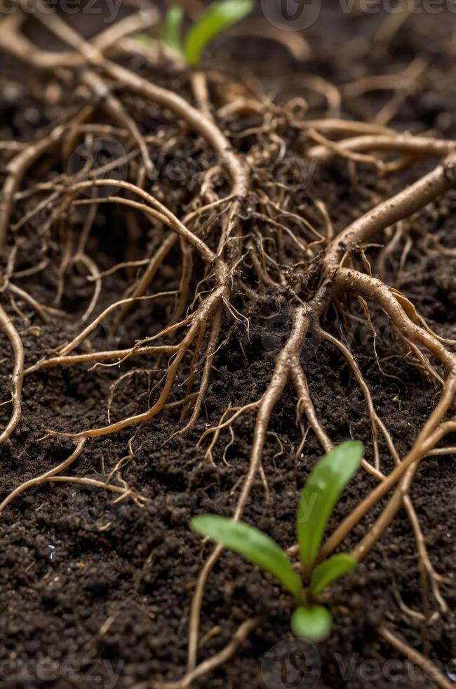 Close-up of plant roots and young sprouts in rich soil, highlighting growth and nature. photo