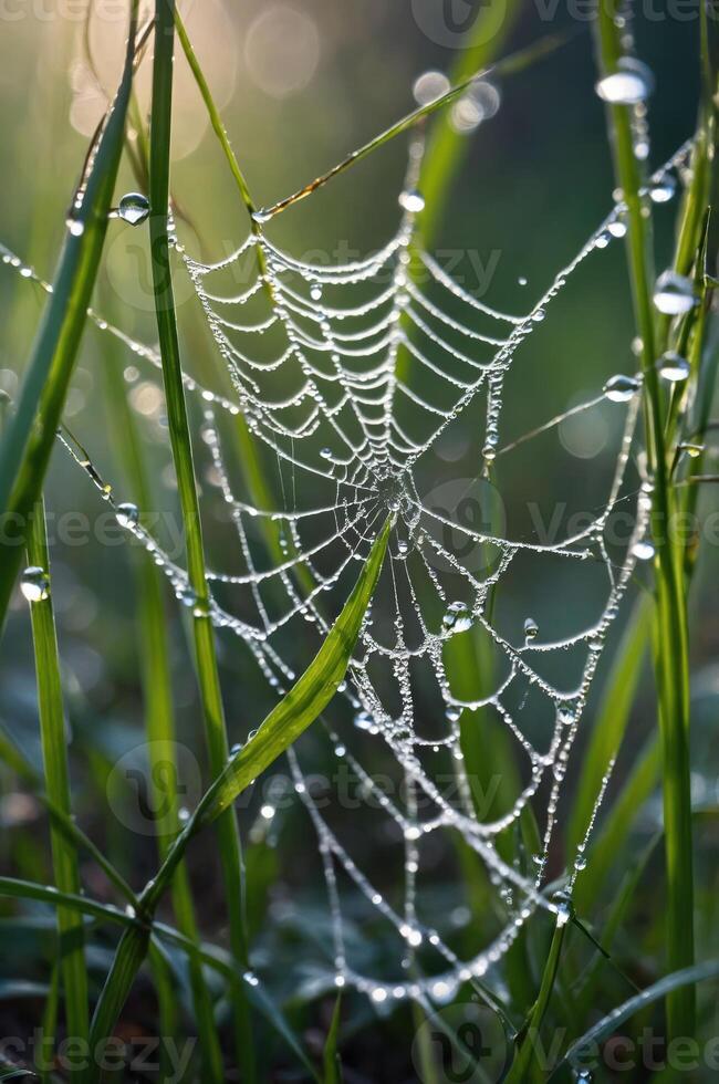 A close-up of a spider web adorned with dew drops, set against a backdrop of grass. photo