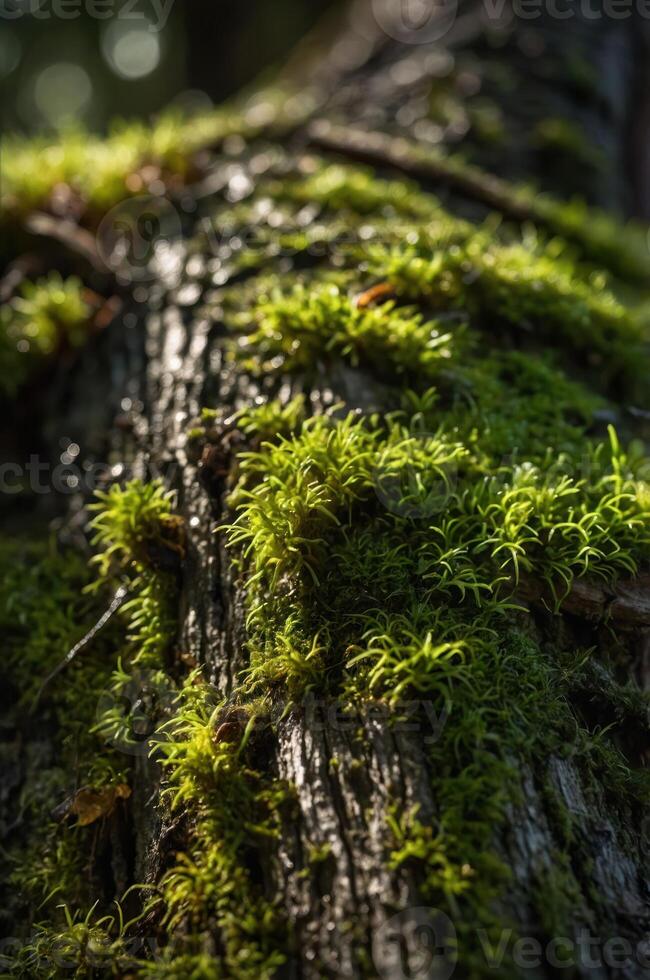 Close-up of moss covering a tree trunk, showcasing nature's textures and colors. photo