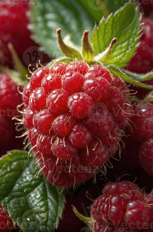 A close-up of ripe raspberries with green leaves, showcasing their vibrant color and texture. photo