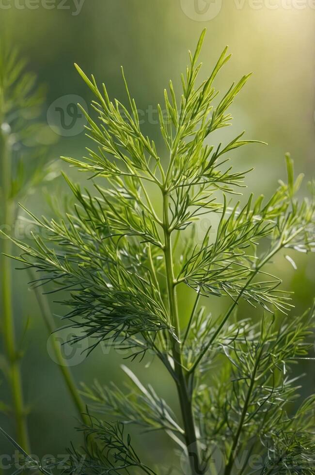 Close-up of a green herb with delicate, feathery leaves against a soft background. photo