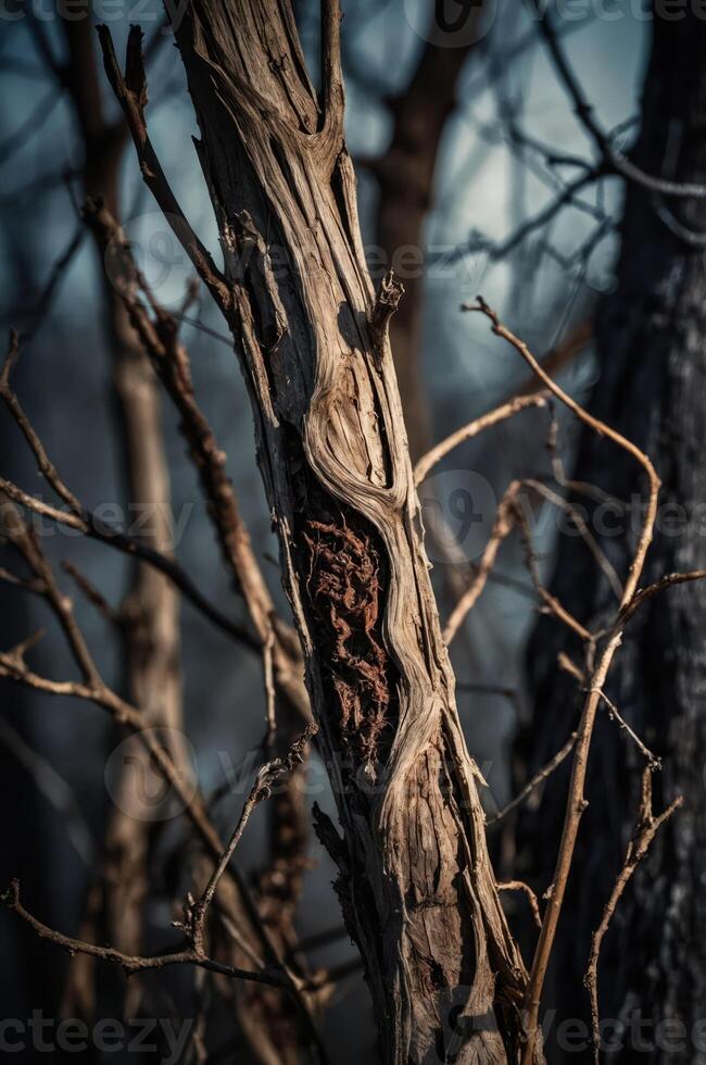 A close-up of a twisted tree trunk with intricate textures and dry branches in the background. photo