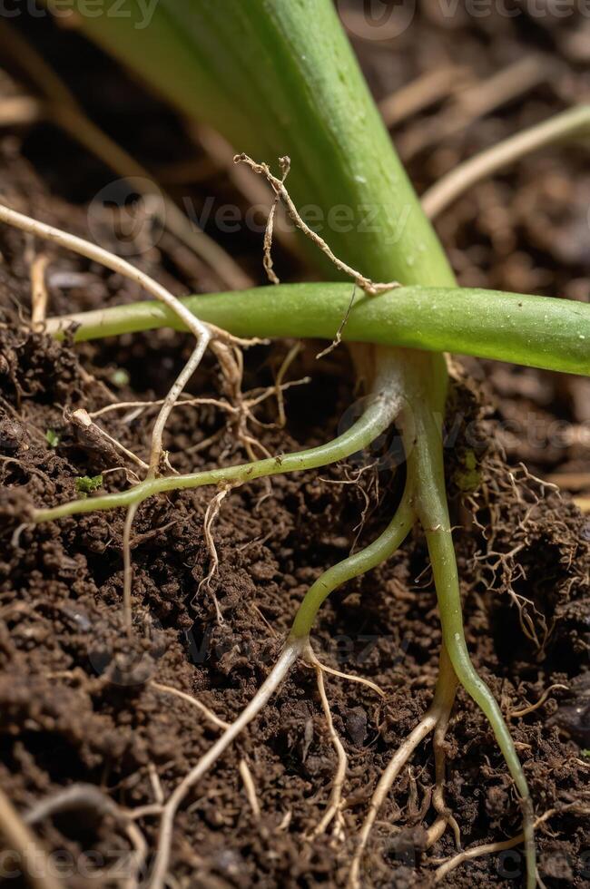 Close-up of plant roots in soil, showcasing growth and natural processes. photo