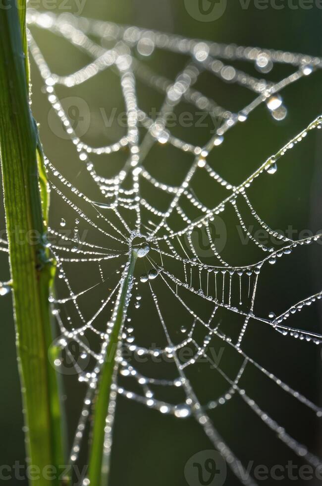 A close-up of a dew-covered spider web glistening in the sunlight. photo