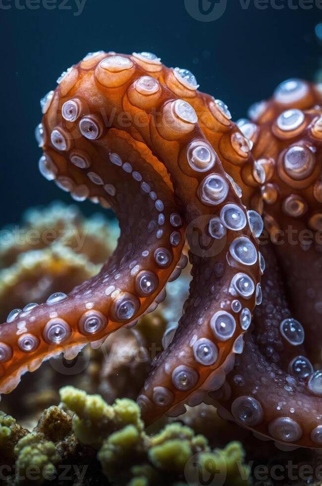 A close-up of an octopus showcasing its tentacles and suckers in a vibrant underwater scene. photo