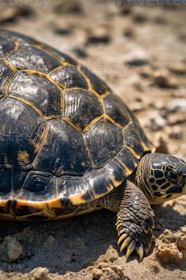 A close-up of a turtle's shell resting on sandy ground. photo