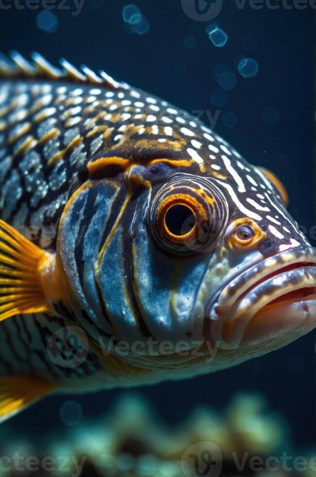 A close-up of a colorful fish showcasing intricate patterns and vibrant colors. photo