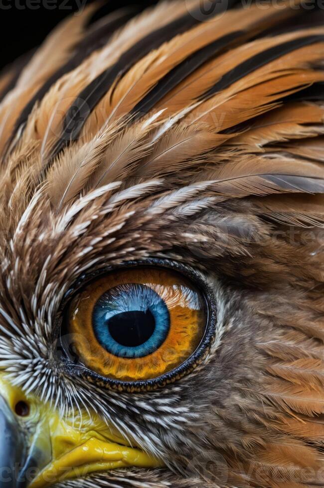 Close-up of a bird's eye, showcasing intricate details and vibrant colors. photo