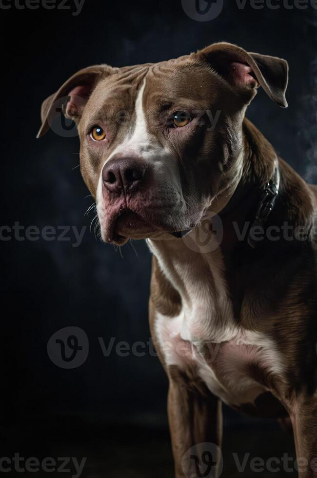 A close-up portrait of a brown and white dog with an expressive gaze against a dark background. photo