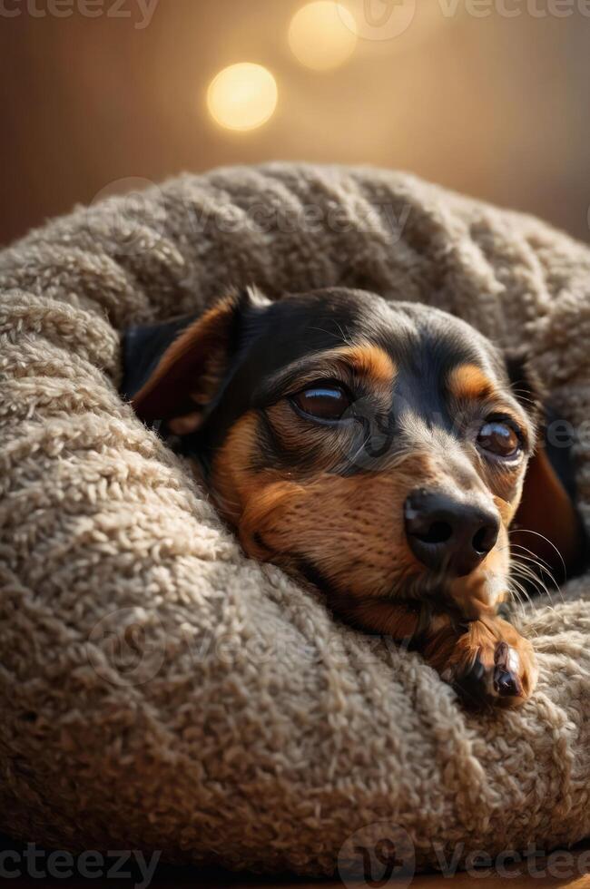 A relaxed dog resting comfortably in a cozy bed with warm lighting in the background. photo