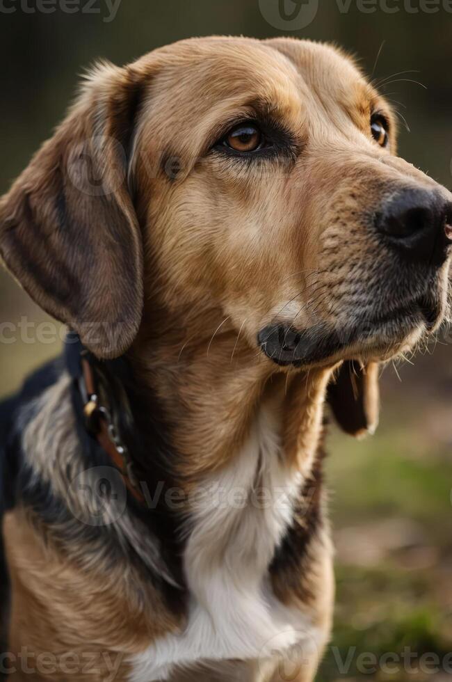 A close-up portrait of a dog with a thoughtful expression in a natural setting. photo