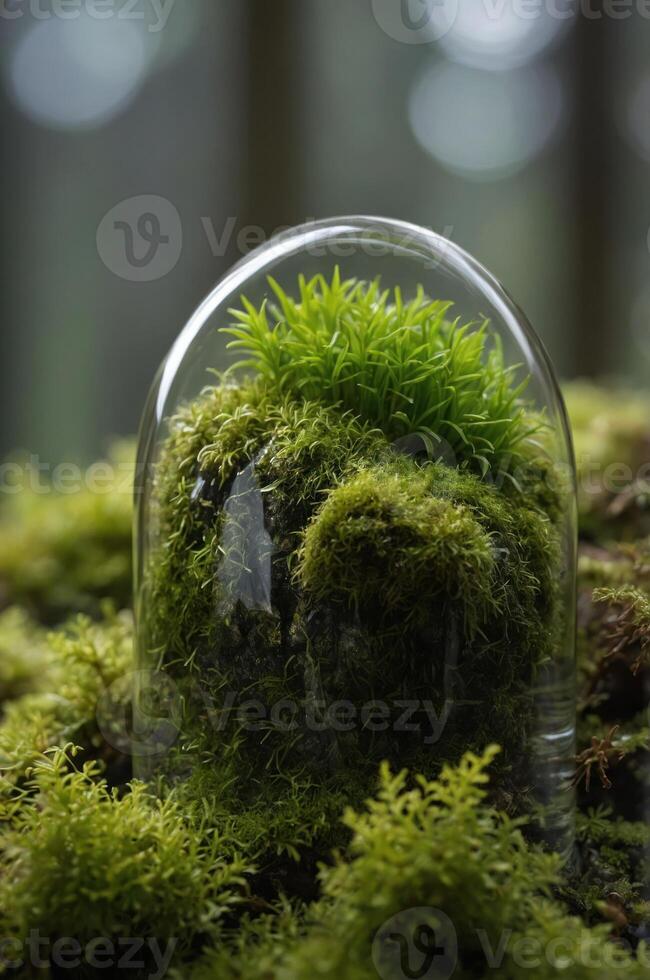 A glass dome encloses lush green moss, creating a miniature ecosystem. photo