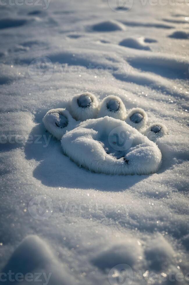 A snowy landscape featuring a large animal paw print in the snow. photo