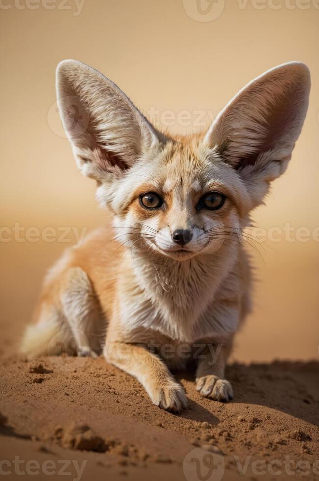 A close-up of a fennec fox with large ears, set against a sandy background. photo