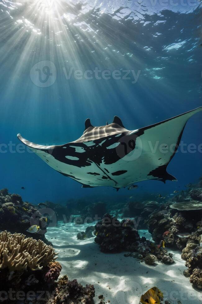 A manta ray glides gracefully through a vibrant coral reef underwater, illuminated by sunlight. photo