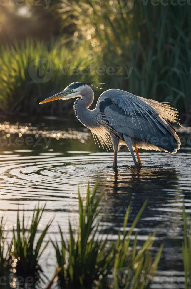 A heron wades through a tranquil pond at sunset, surrounded by lush greenery. photo