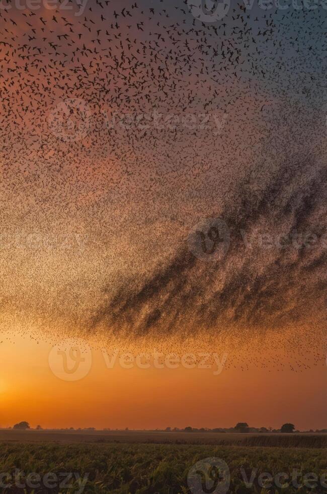 A stunning sunset with a flock of birds creating dynamic patterns in the sky. photo