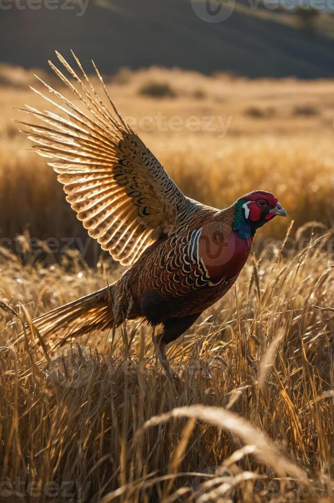 A colorful pheasant displaying its feathers in a golden field at sunset. photo