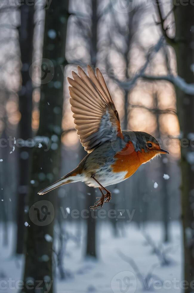 A robin in flight amidst snow-covered trees during sunset, capturing winter's serene beauty. photo