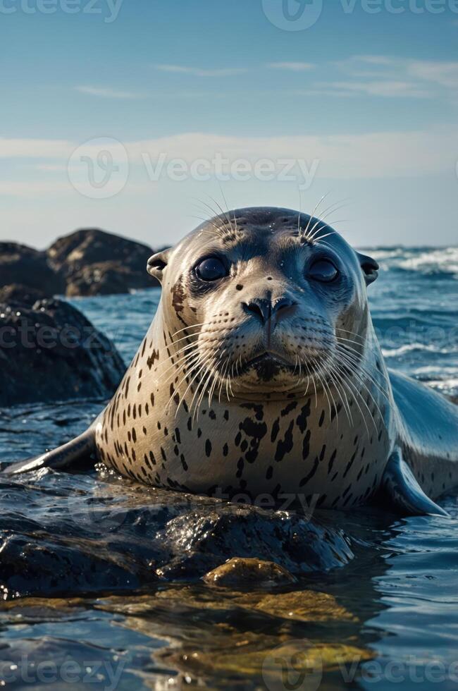 A close-up of a seal resting on rocks by the ocean, showcasing its features and environment. photo