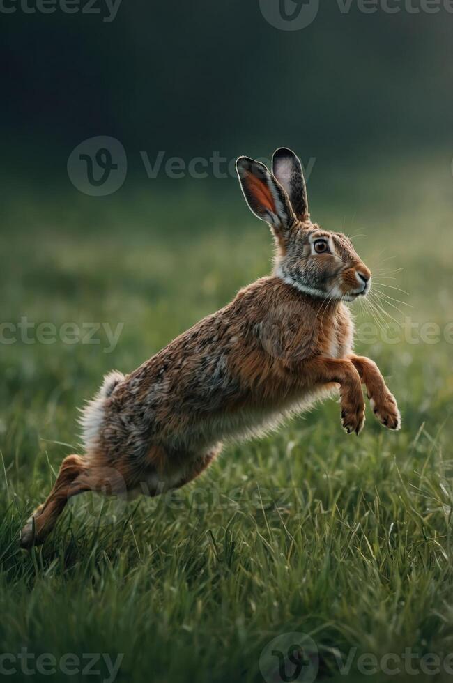 A hare gracefully leaps through lush green grass in a serene natural setting. photo