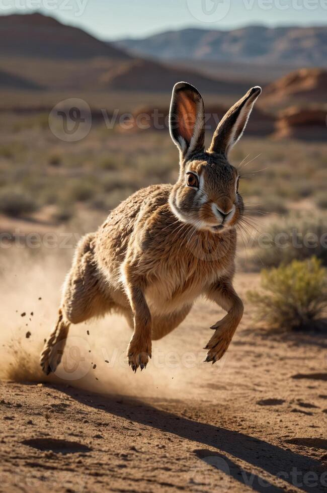 A hare sprinting across a dusty landscape, capturing the essence of wildlife in motion. photo