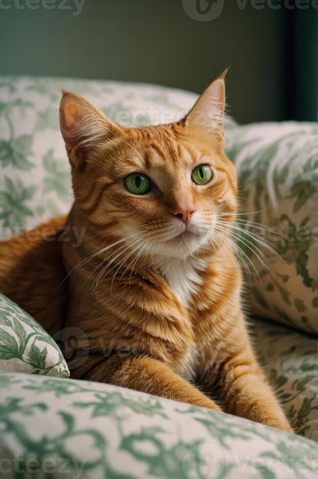 A close-up of an orange tabby cat resting on a patterned cushion with green eyes. photo