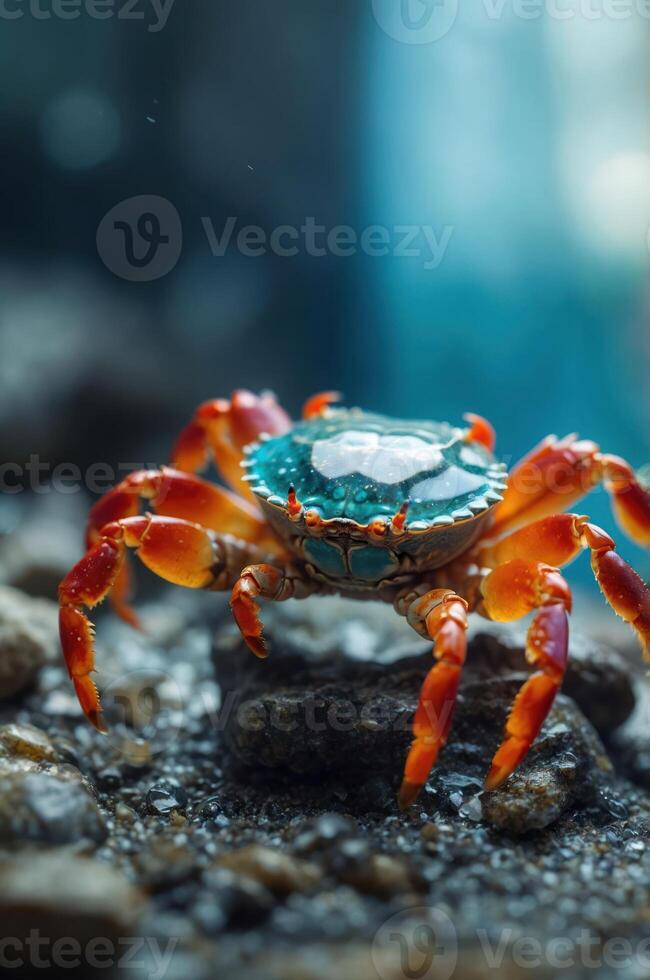 A vibrant crab with a shiny shell perched on a rock in a serene underwater environment. photo
