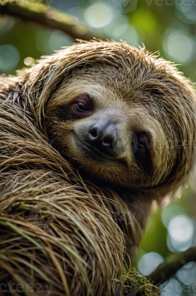 A close-up of a sloth nestled among foliage, showcasing its unique features and habitat. photo