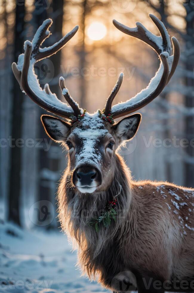 A majestic reindeer adorned with greenery stands in a snowy forest at sunset. photo