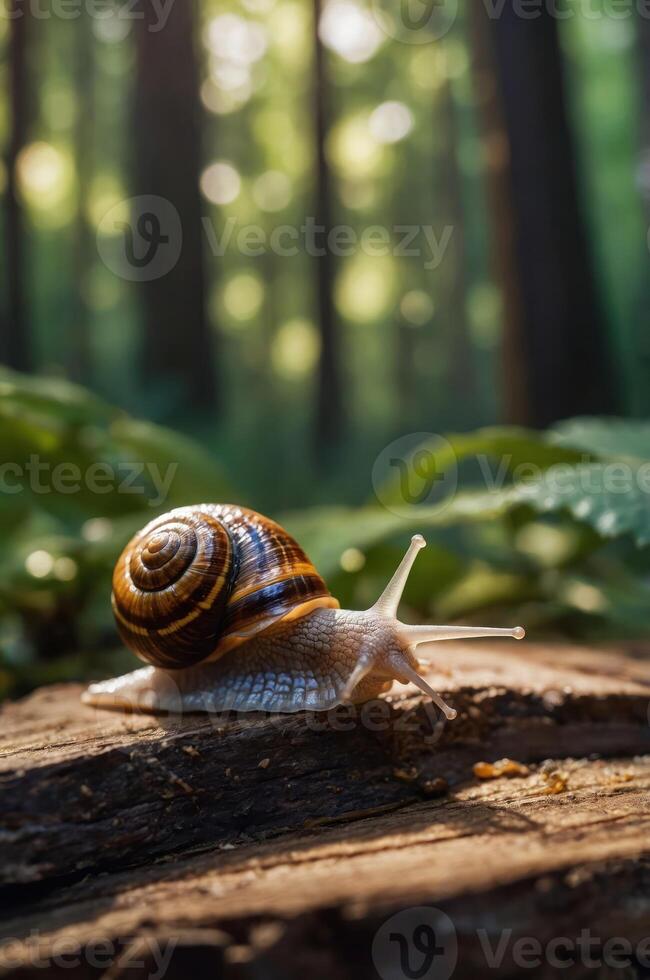 A snail crawls on a log in a lush forest, showcasing nature's tranquility and beauty. photo