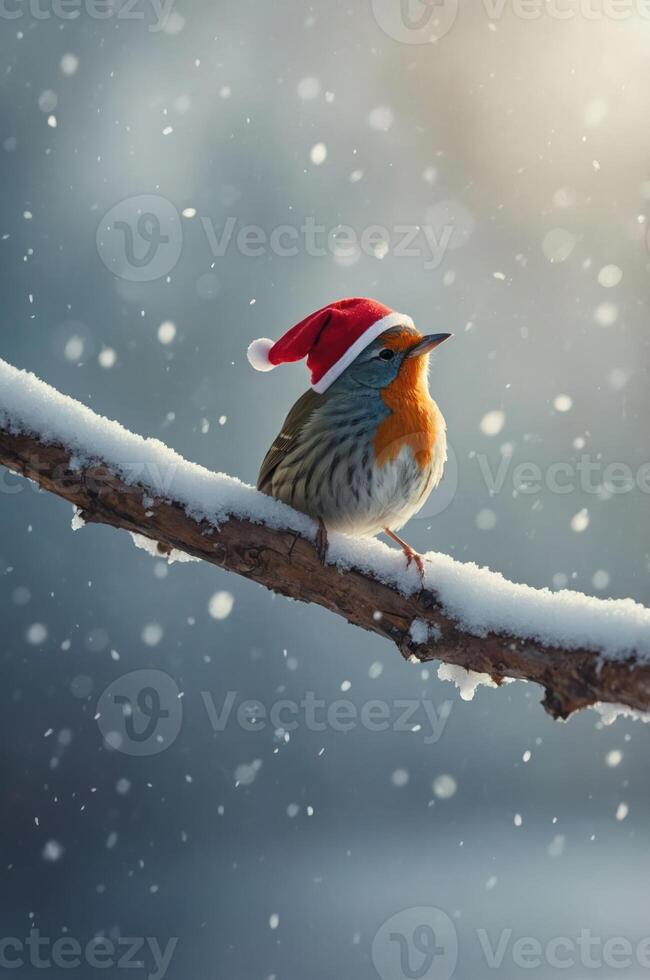 A festive bird wearing a Santa hat perched on a snowy branch in a winter scene. photo
