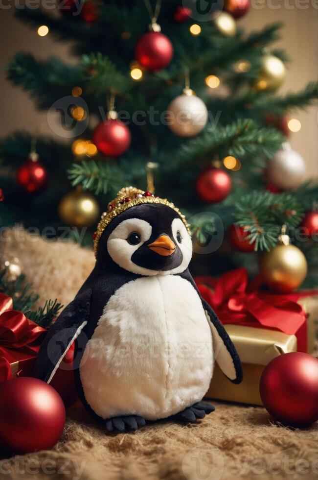 A festive penguin plush toy adorned with a crown, surrounded by Christmas decorations. photo