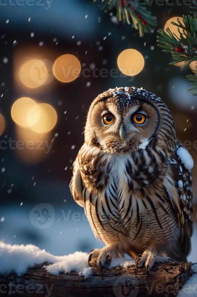 A snowy owl perched on a log, surrounded by falling snow and soft glowing lights in the background. photo