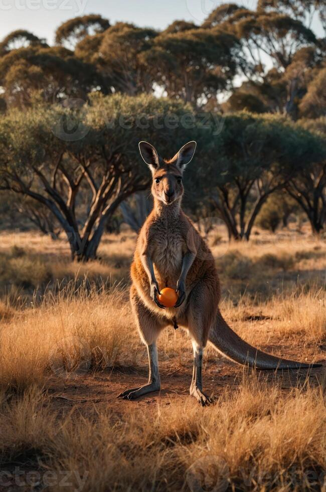 A kangaroo holds an orange in a sunlit, grassy landscape with trees in the background. photo