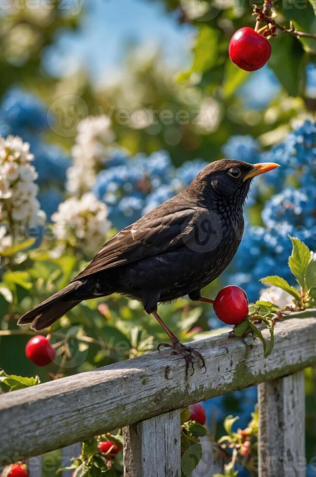 A black bird perched on a fence with red cherries and blue flowers in the background. photo
