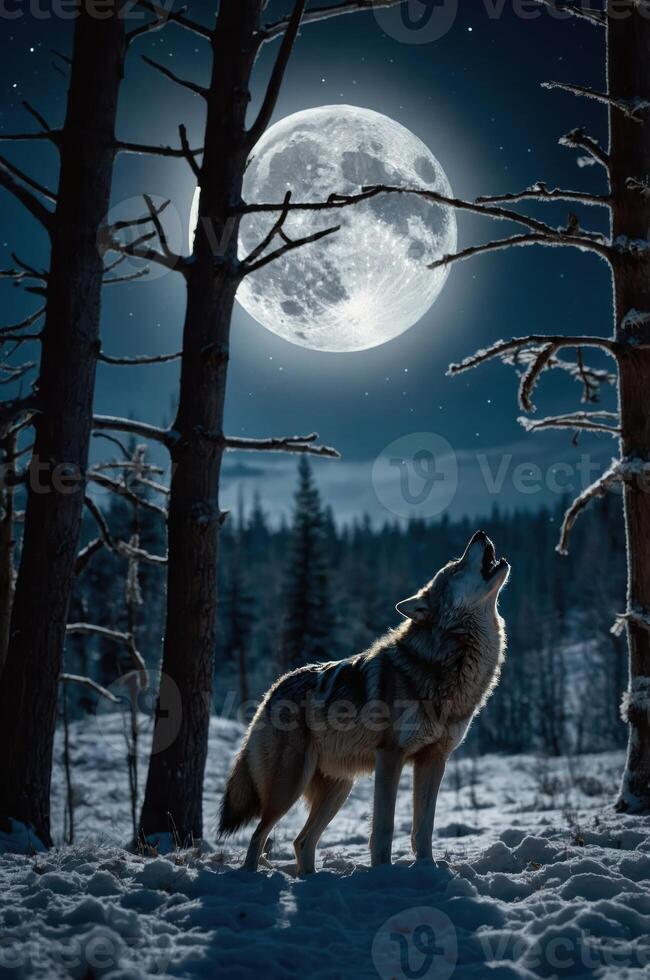 A wolf howls beneath a full moon in a snowy forest, creating a serene nighttime atmosphere. photo
