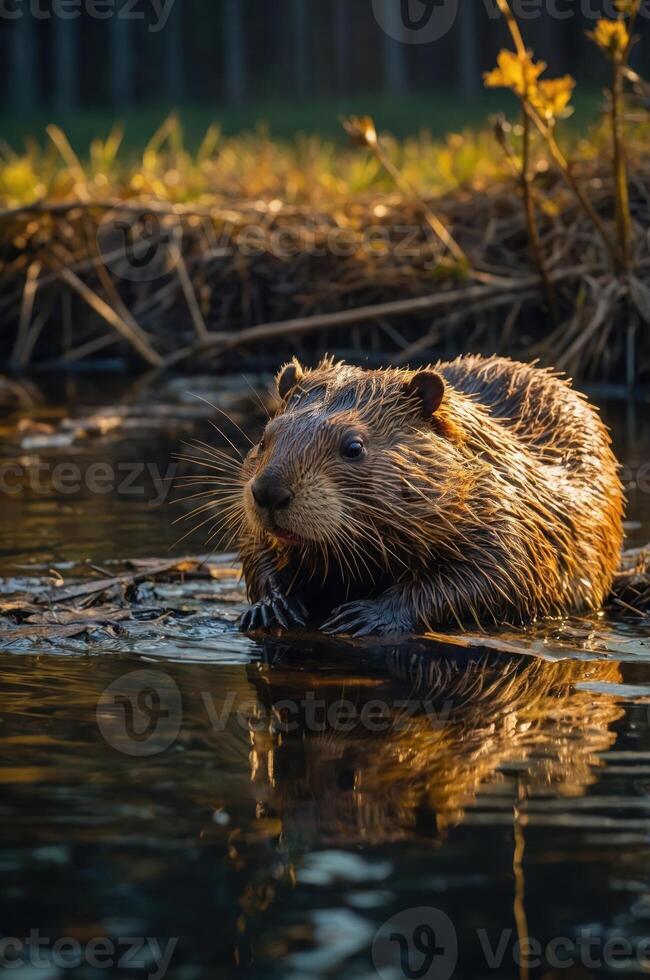 A beaver resting near the water's edge, showcasing its wet fur and natural habitat. photo