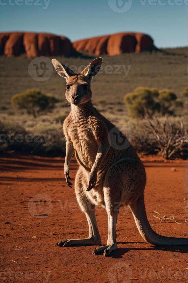 A kangaroo stands in a red desert landscape with distant rock formations under a clear sky. photo