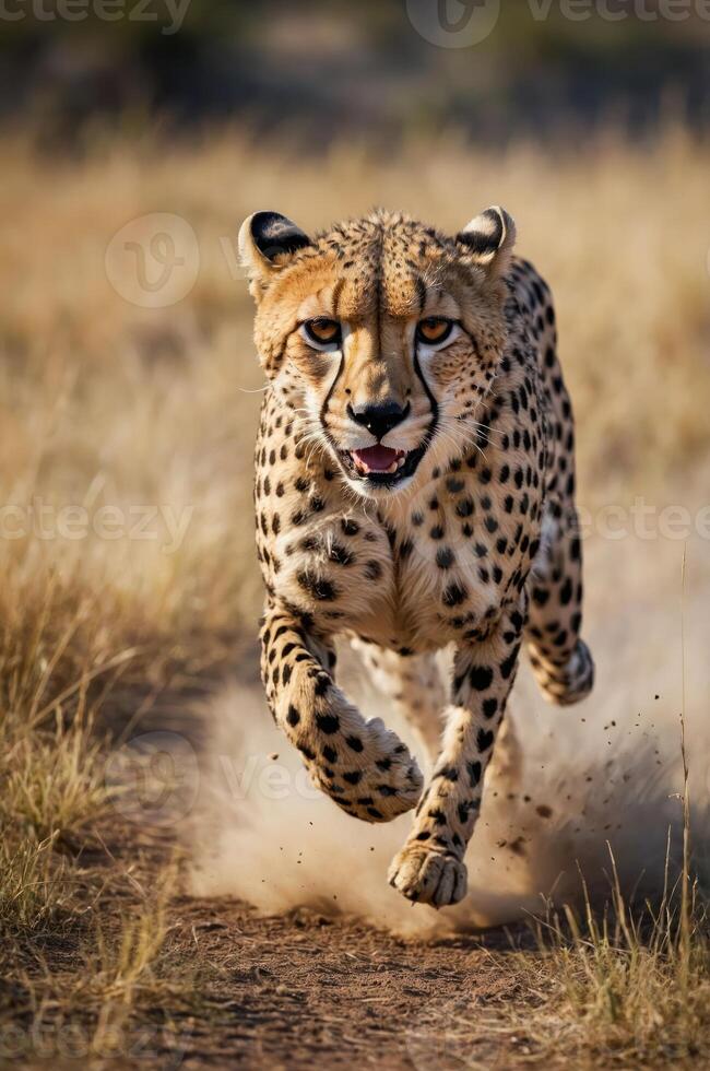 A cheetah sprinting through tall grass, showcasing its speed and agility. photo