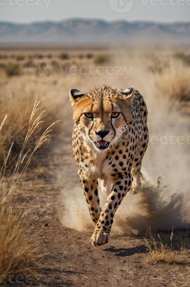 A cheetah sprinting through a dusty landscape with grass, showcasing its speed and agility. photo
