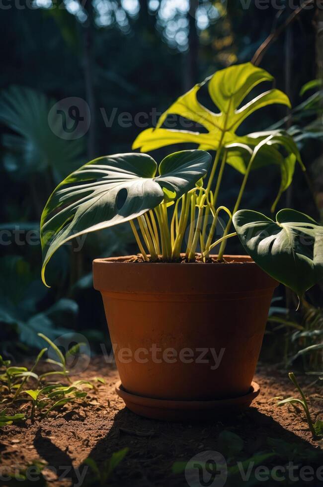 A lush green plant in a terracotta pot, illuminated by soft natural light. photo
