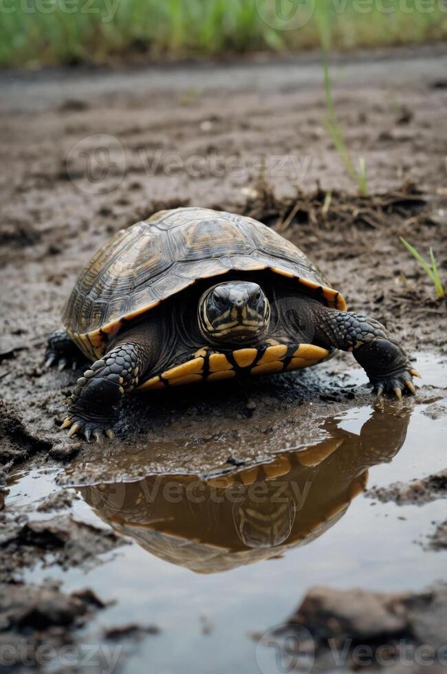 A turtle approaches a small puddle on a muddy surface, showcasing its unique shell and features. photo