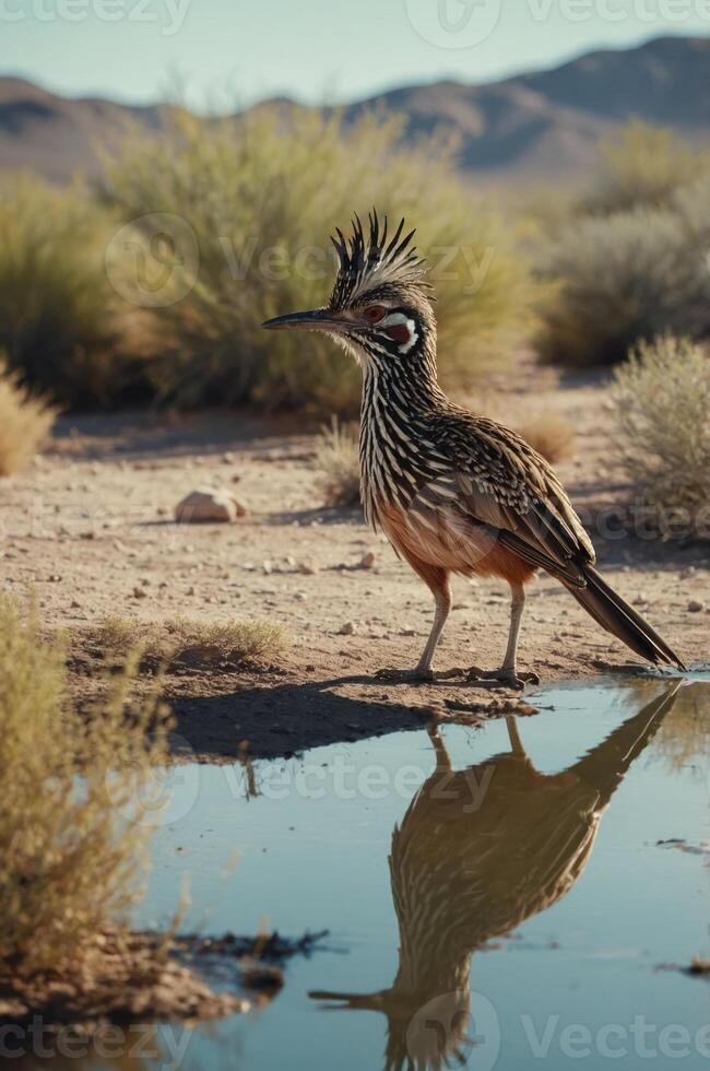 A bird with a distinctive crest stands by a reflective pool in a desert landscape. photo