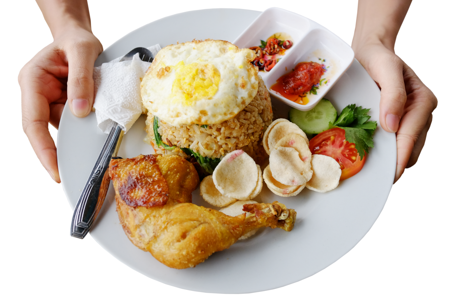 Woman hand holding Pecel ayam or penyet ayam is fried chicken with rice and fried eggs decorated with tomato and spicy sauce is tradition food of Indonesia clip art png