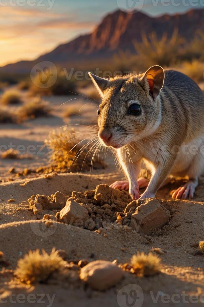 A close-up of a small desert rodent foraging in the sand at sunset. photo