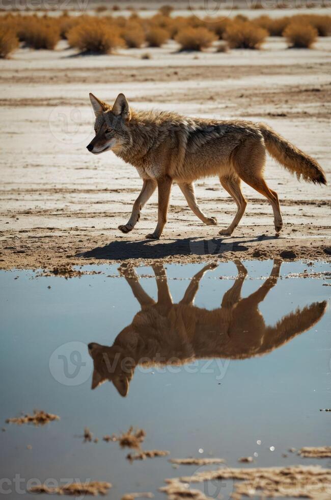 A coyote walks beside a reflective puddle in a dry landscape. photo
