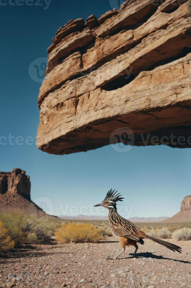 A roadrunner walks beneath a massive rock formation in a desert landscape. photo