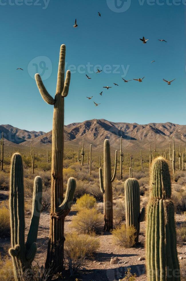 A serene desert landscape featuring cacti and birds flying over mountains. photo